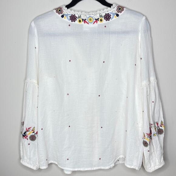 For the Republic Medium Boho Embroidered V-Neck Button-Front Pintuck Top Blouse - Picture 6 of 8